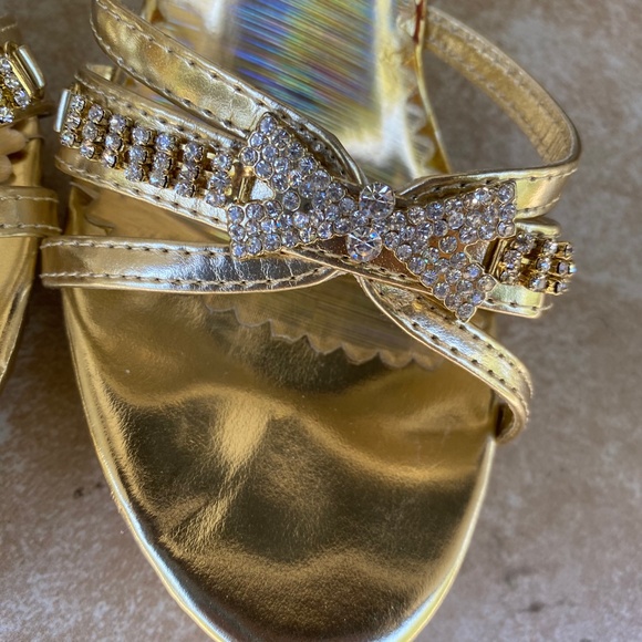 Delicacy Gold Strappy Rhinestone Embellished Bow Tie Open Toe Heels - Picture 6 of 13